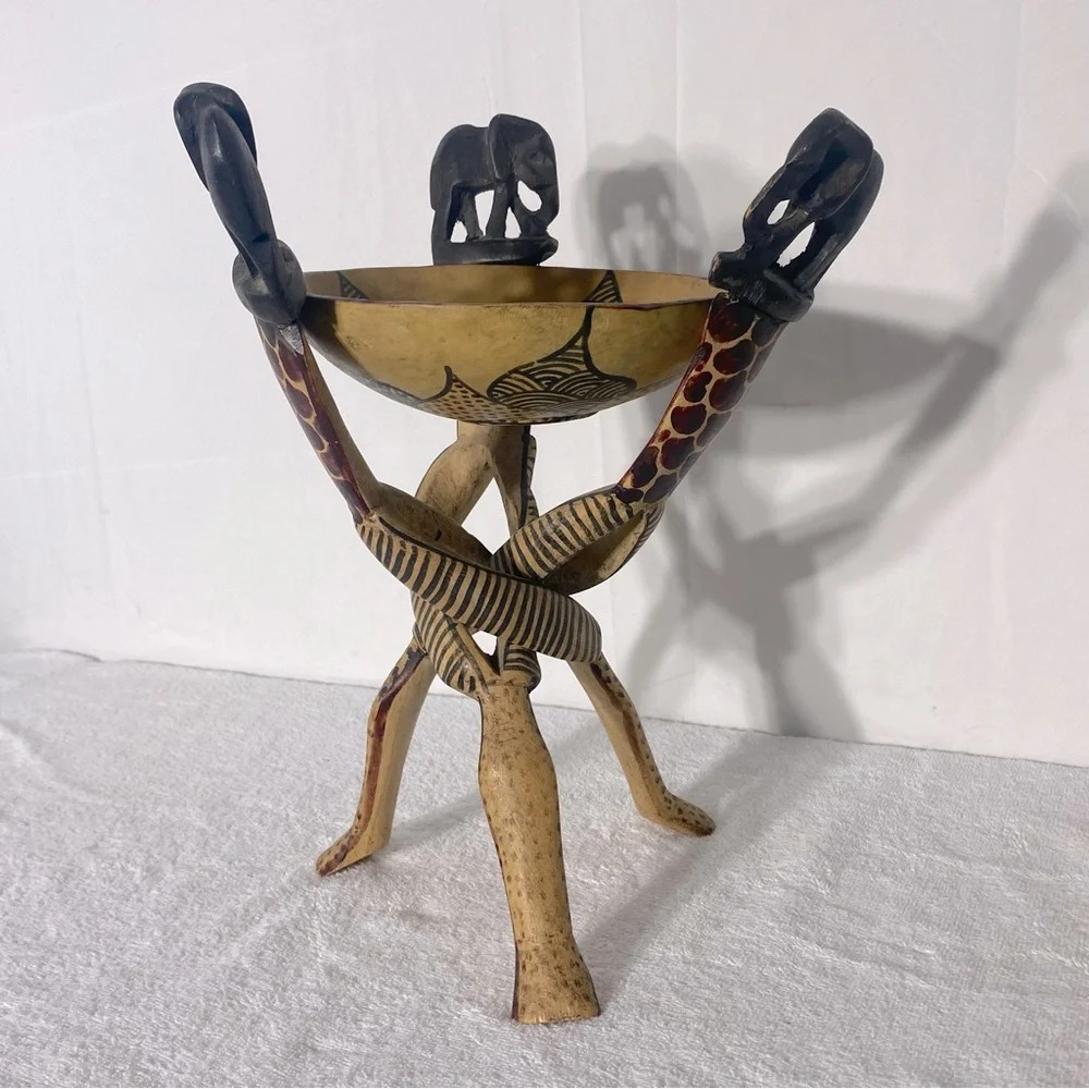 Vintage Handmade African Interlocking Interwoven Wooden  Tribal Art Stand W Bowl